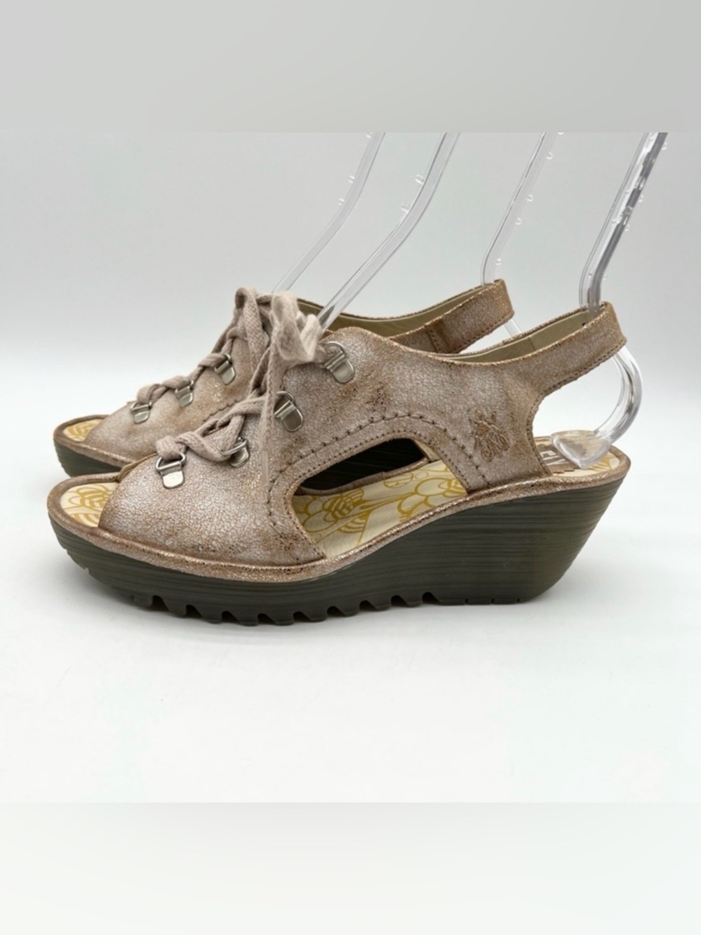Fly London Ylfa Lace-up Wedge Sandals Peep Toe Leather Beige Gold Size 40